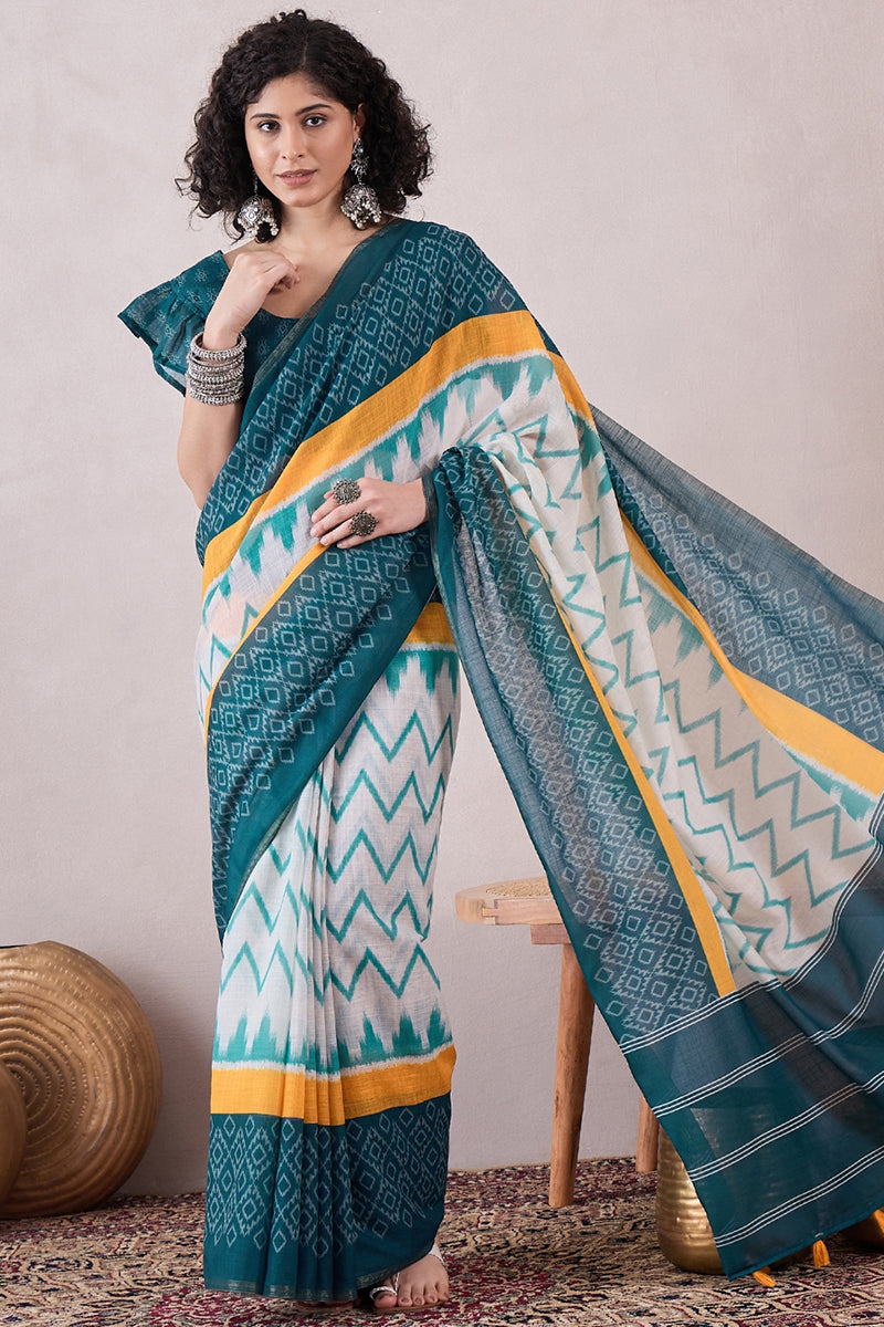 Teal Linen Ikat Printed Saree With Blouse Piece VFSAR1068