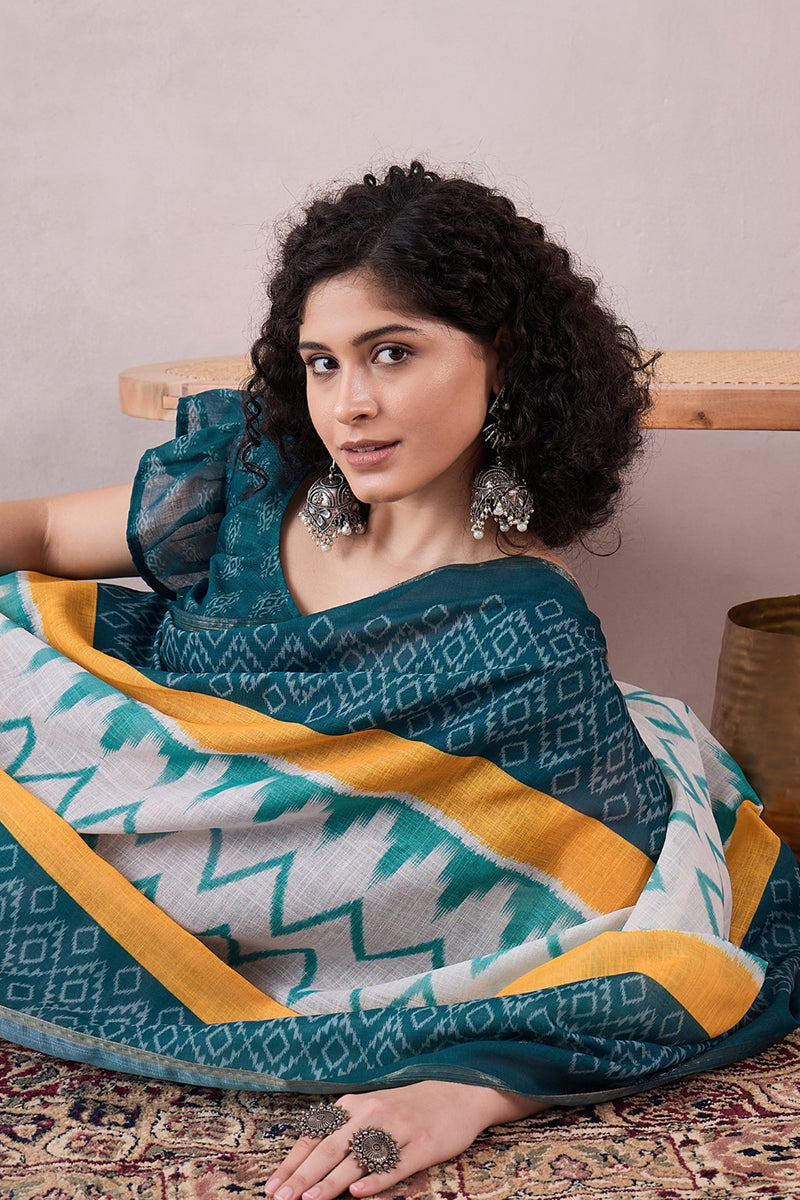 Teal Linen Ikat Printed Saree With Blouse Piece VFSAR1068