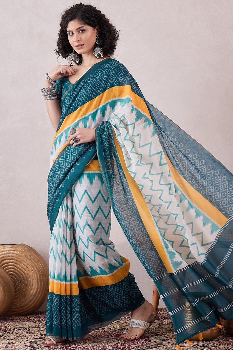 Teal Linen Ikat Printed Saree With Blouse Piece VFSAR1068