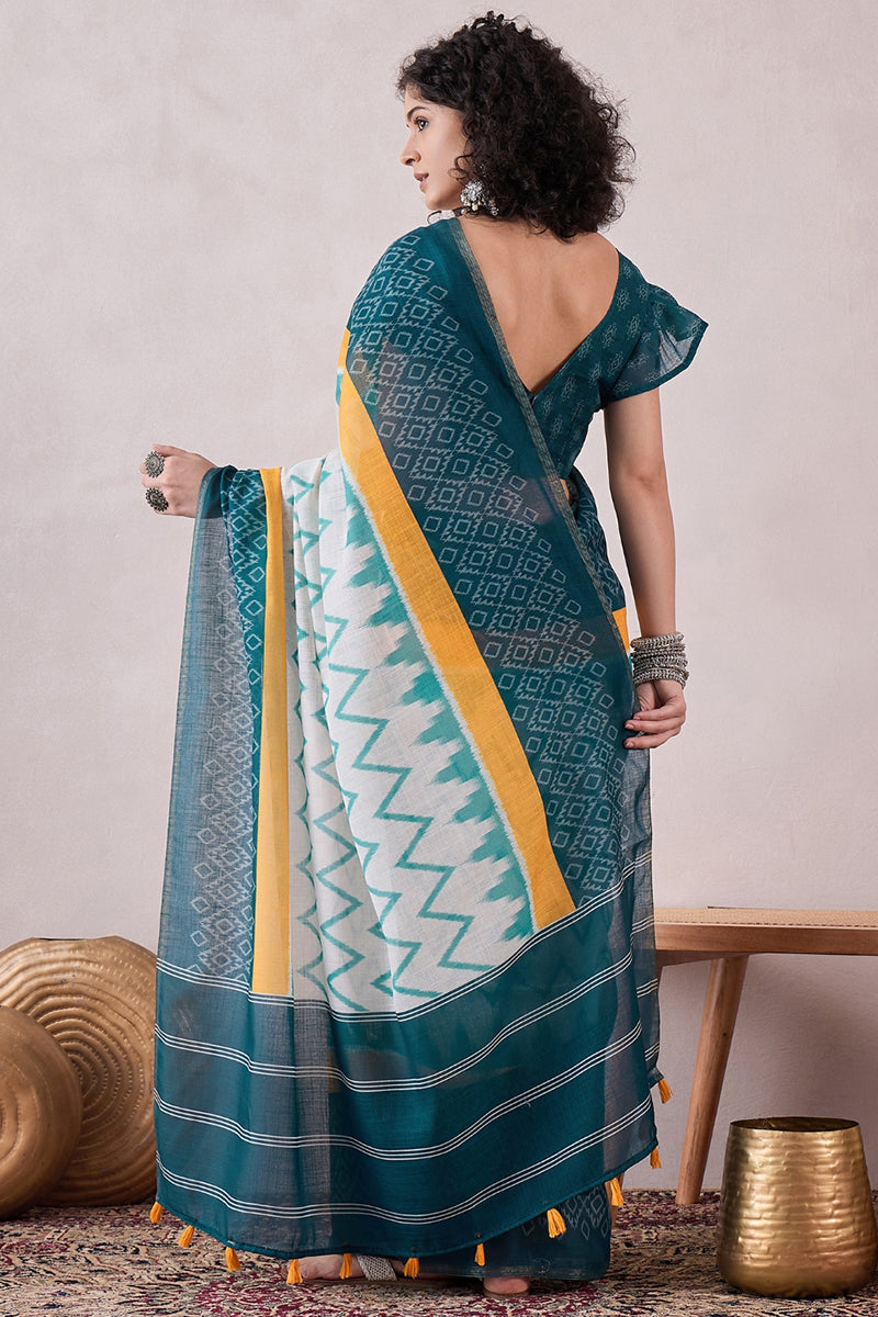 Teal Linen Ikat Printed Saree With Blouse Piece VFSAR1068