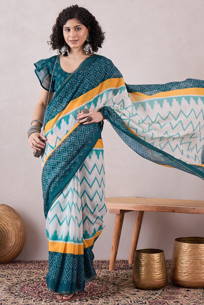 Teal Linen Ikat Printed Saree With Blouse Piece VFSAR1068