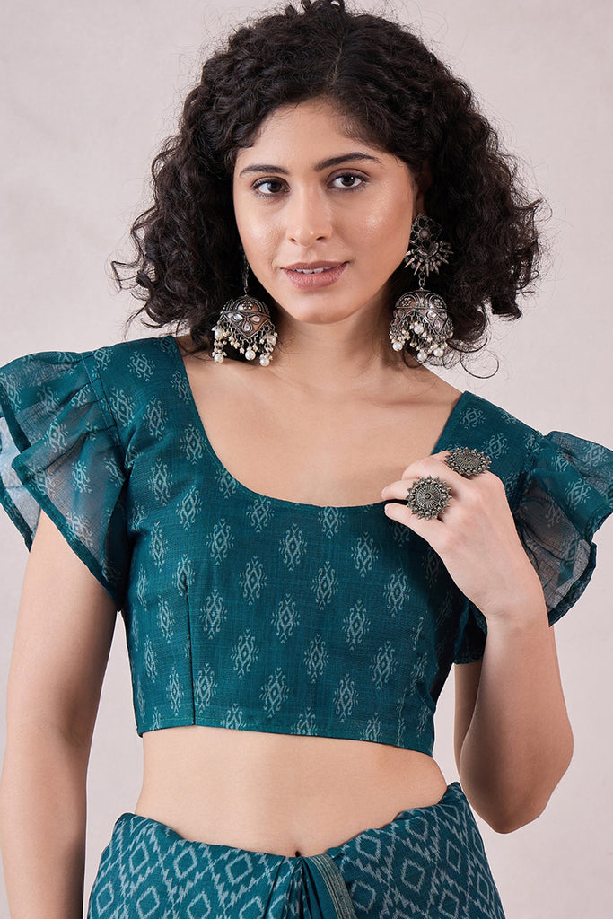 Teal Linen Ikat Printed Saree With Blouse Piece VFSAR1068