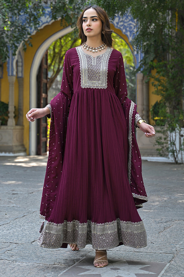 Magenta Georgette Solid Yoke Design Sequined Anarkali Kurta dupatta Set VKSET1480