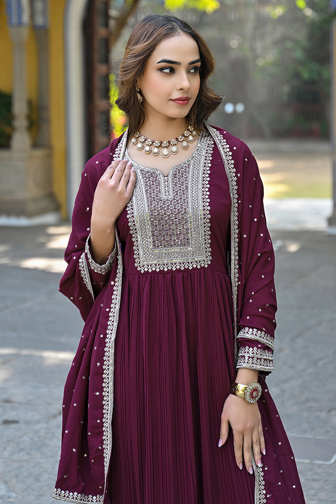 Magenta Georgette Solid Yoke Design Sequined Anarkali Kurta dupatta Set VKSET1480