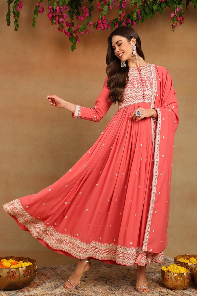 Pink Georgette Embroidered Thread Work Flared Kurta Set VKSET1487