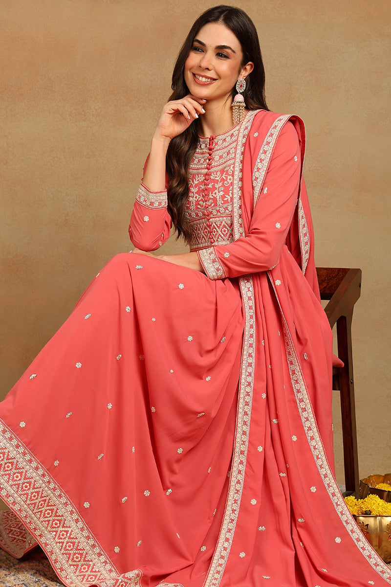 Pink Georgette Embroidered Thread Work Flared Kurta Set VKSET1487