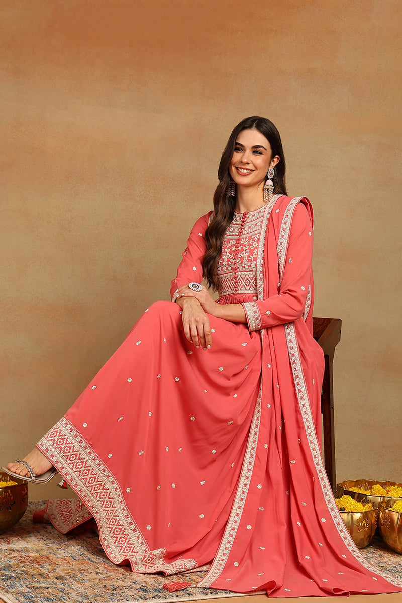 Pink Georgette Embroidered Thread Work Flared Kurta Set VKSET1487