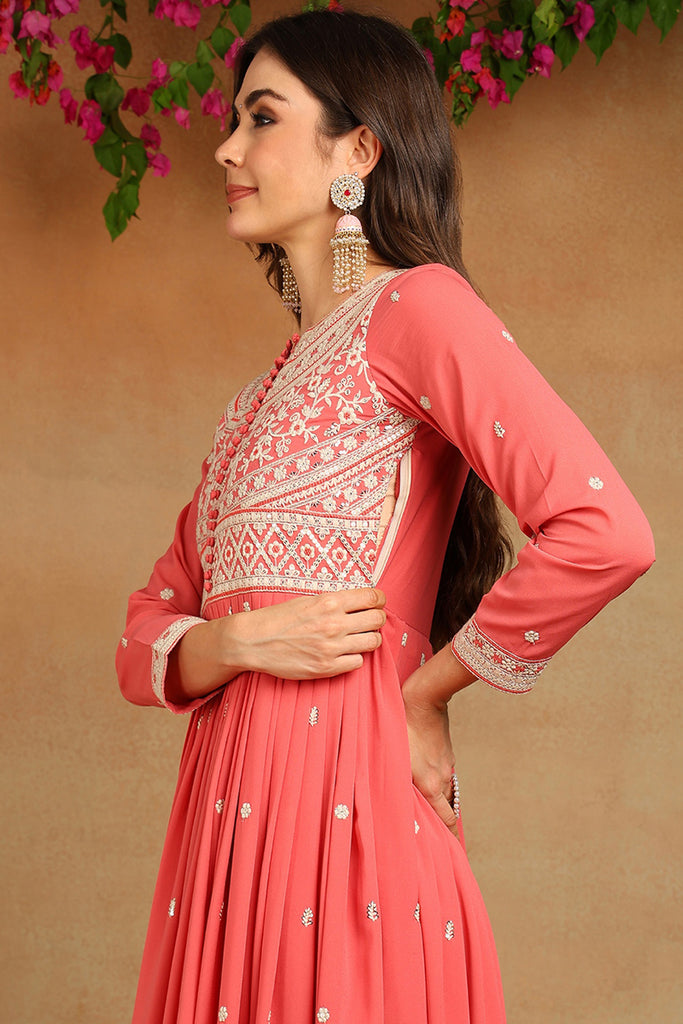 Pink Georgette Embroidered Thread Work Flared Kurta Set VKSET1487