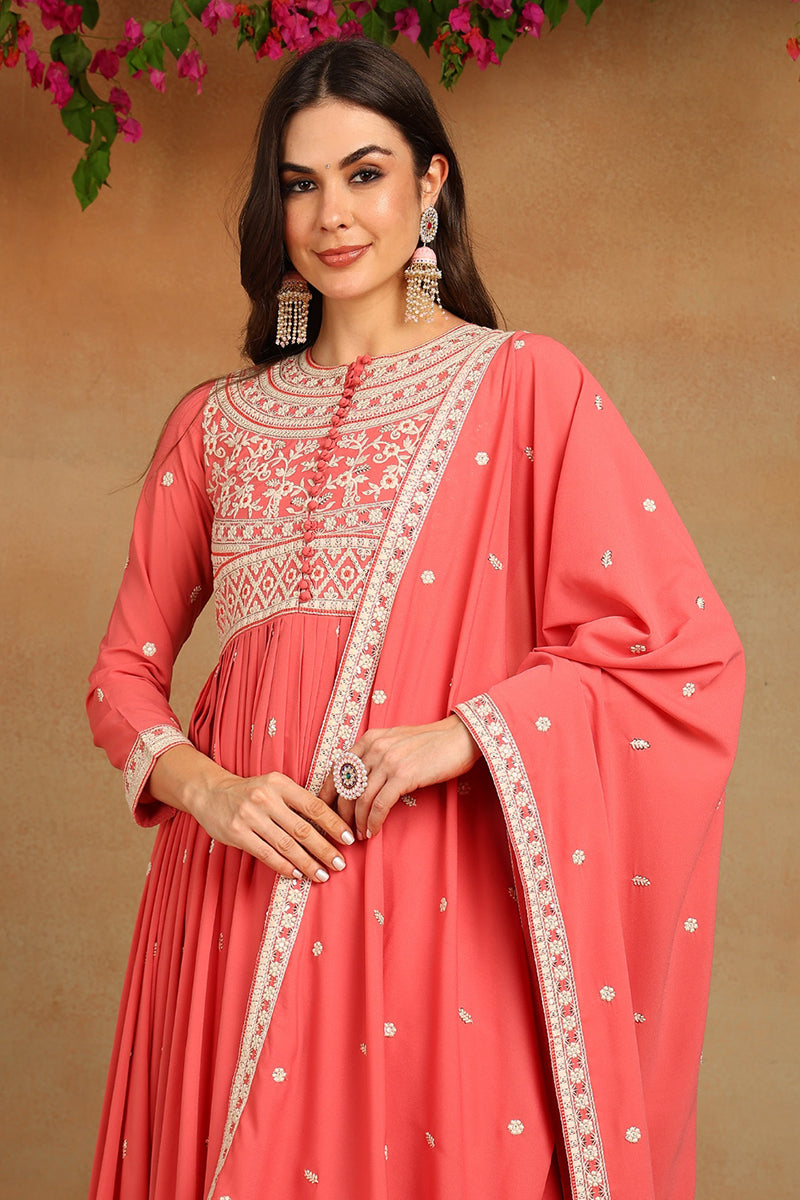 Pink Georgette Embroidered Thread Work Flared Kurta Set VKSET1487