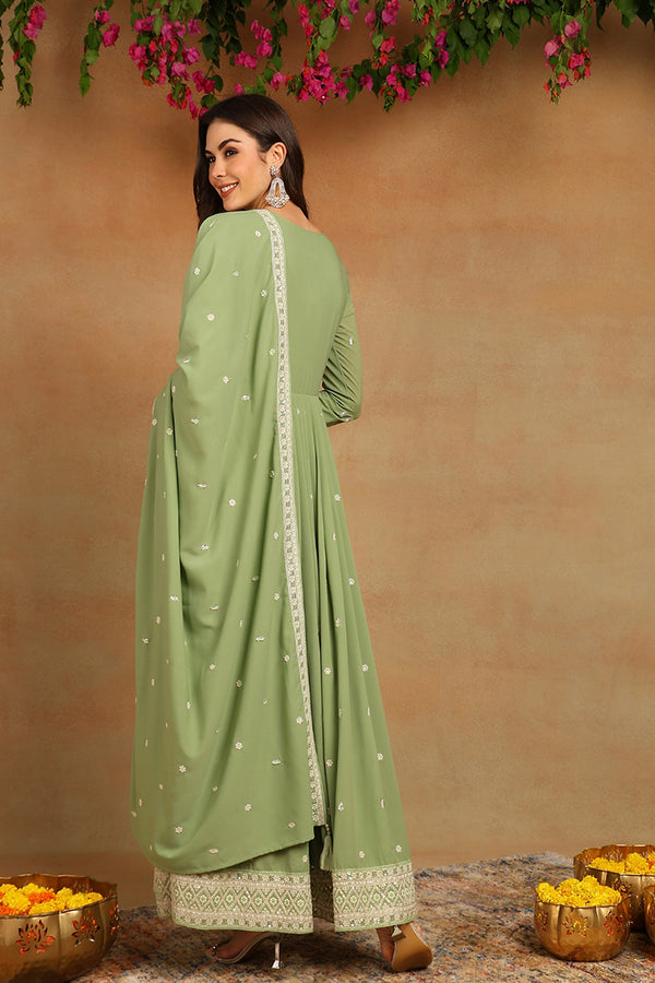Green Georgette Embroidered Thread Work Flared Kurta Set VKSET1491