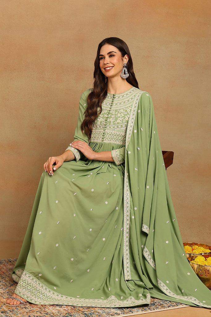 Green Georgette Embroidered Thread Work Flared Kurta Set VKSET1491