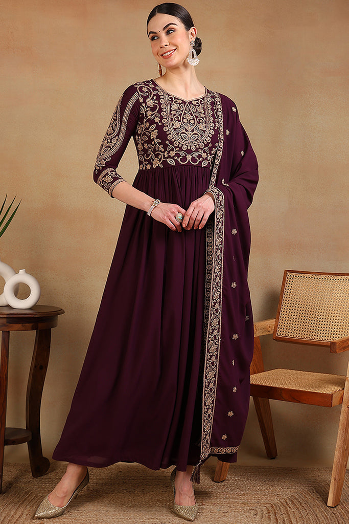 Maroon Poly Georgette Embroidered Anarkali Kurta Set VKSET1513