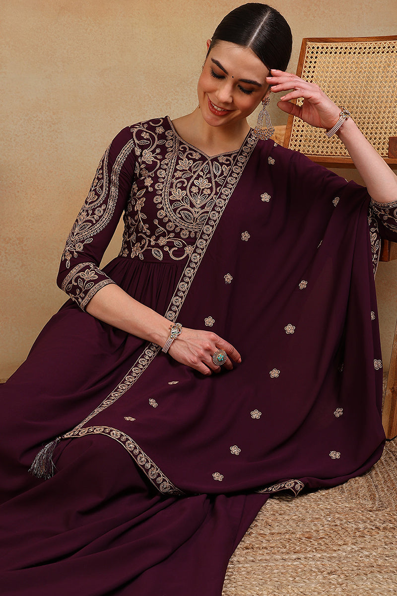 Maroon Poly Georgette Embroidered Anarkali Kurta Set VKSET1513