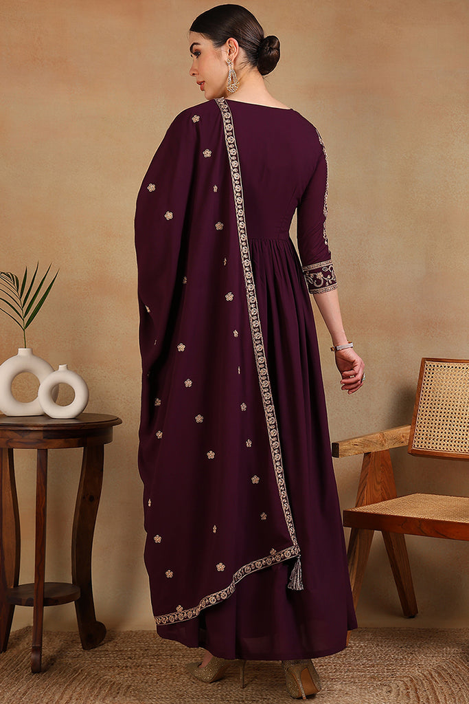 Maroon Poly Georgette Embroidered Anarkali Kurta Set VKSET1513