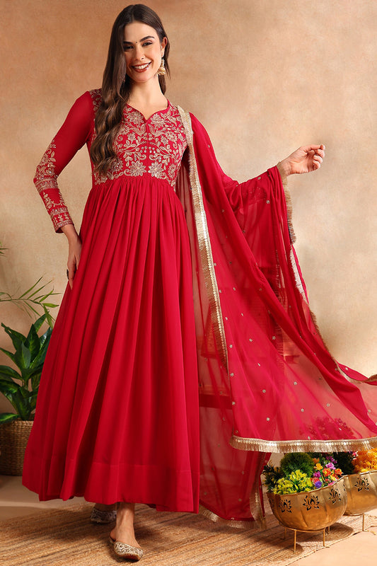Red Georgette Solid Embroidered Anarkali Kurta Set VKSET1519