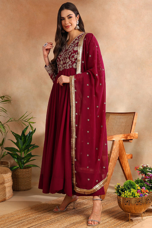 Wine Georgette Solid Embroidered Anarkali Kurta Set VKSET1520WIN