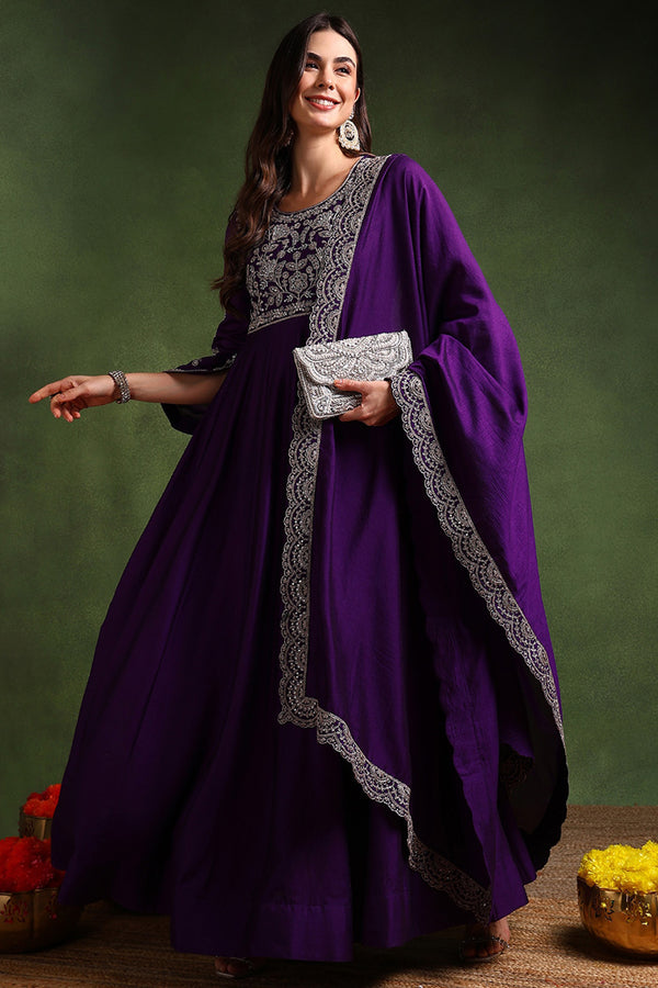 Purple Silk Blend Solid Embroidered Anarkali Gown With Dupatta VKSET1522