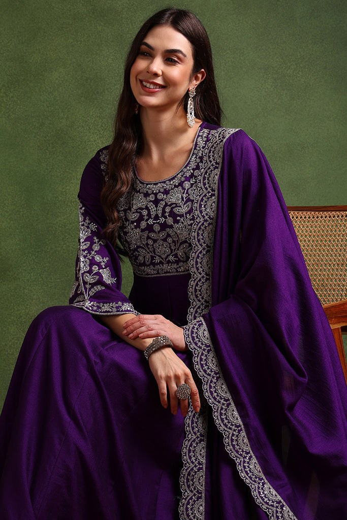 Violet Silk Blend Solid Embroidered Anarkali Gown With Dupatta VKSET1522