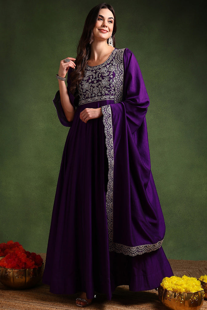 Violet Silk Blend Solid Embroidered Anarkali Gown With Dupatta VKSET1522