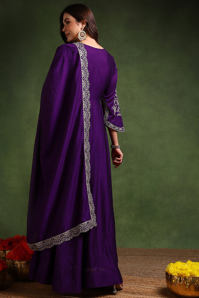 Violet Silk Blend Solid Embroidered Anarkali Gown With Dupatta VKSET1522