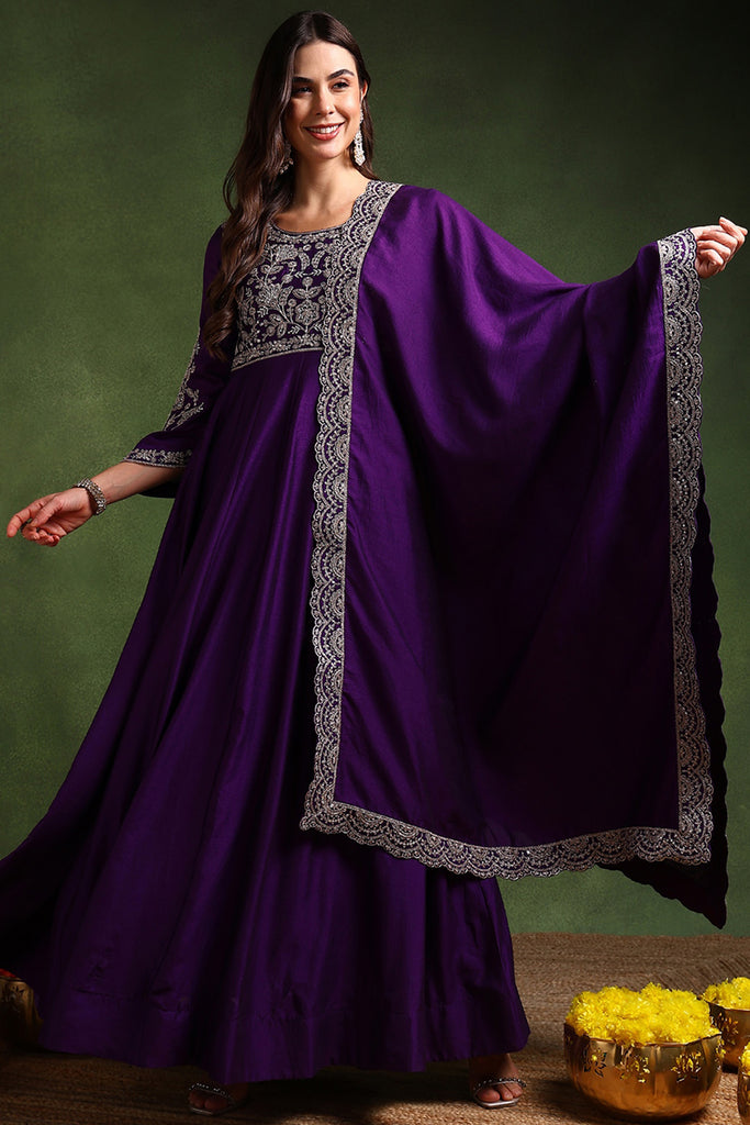 Violet Silk Blend Solid Embroidered Anarkali Gown With Dupatta VKSET1522