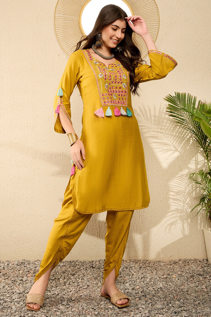 Mustard Yellow Embroidered Viscose Rayon Straight Dhoti Pant Bottom Kurta Set VKSET1524