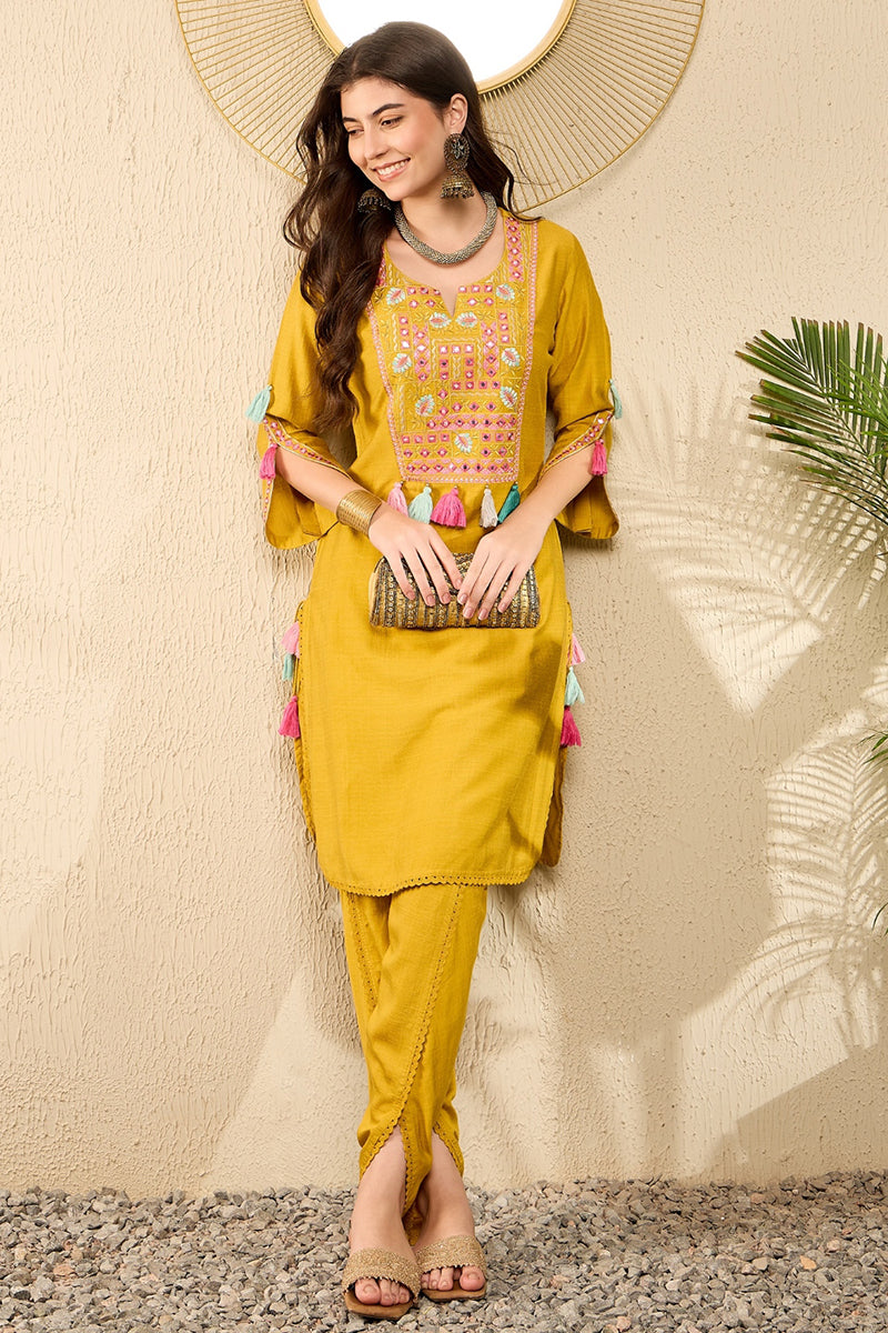 Mustard Yellow Embroidered Viscose Rayon Straight Dhoti Pant Bottom Kurta Set VKSET1524