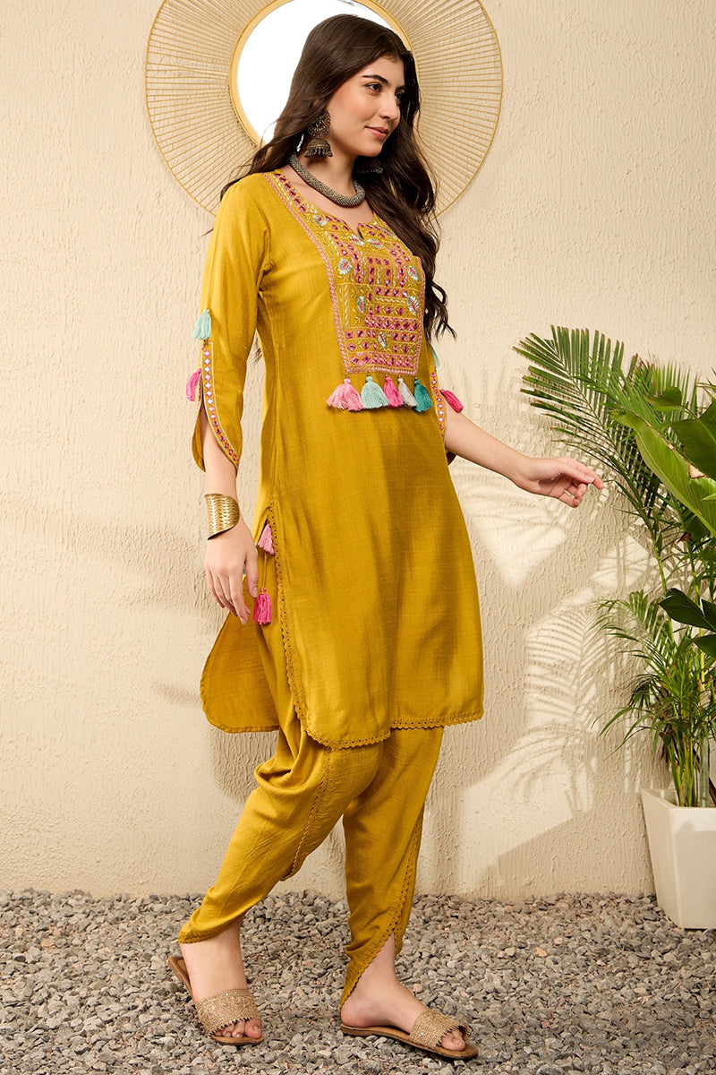 Mustard Yellow Embroidered Viscose Rayon Straight Dhoti Pant Bottom Kurta Set VKSET1524