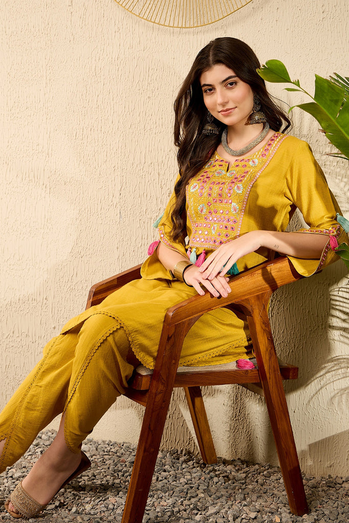 Mustard Yellow Embroidered Viscose Rayon Straight Dhoti Pant Bottom Kurta Set VKSET1524