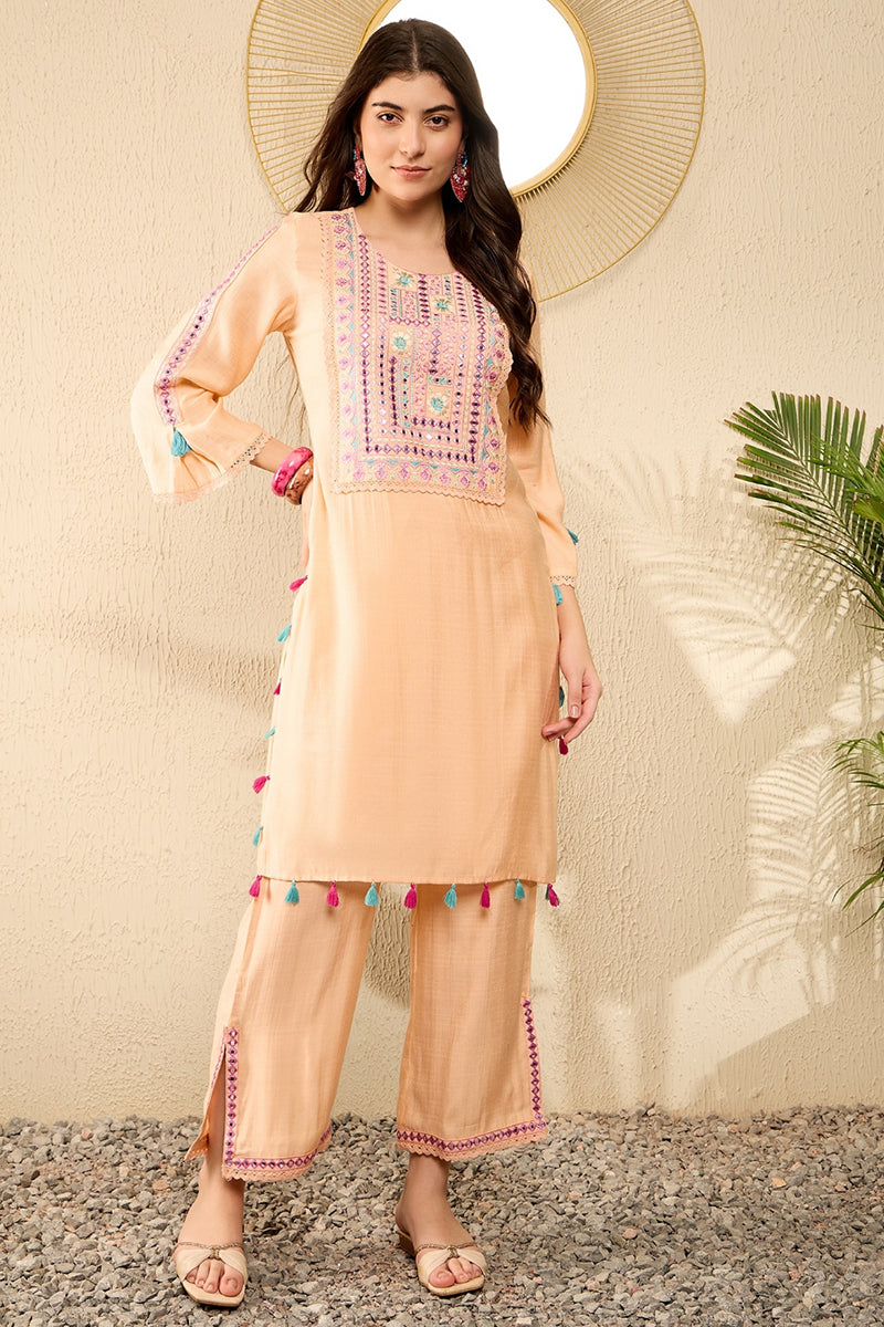 Peach Embroidered Viscose Rayon Straight Trouser Bottom Kurta Set VKSET1525