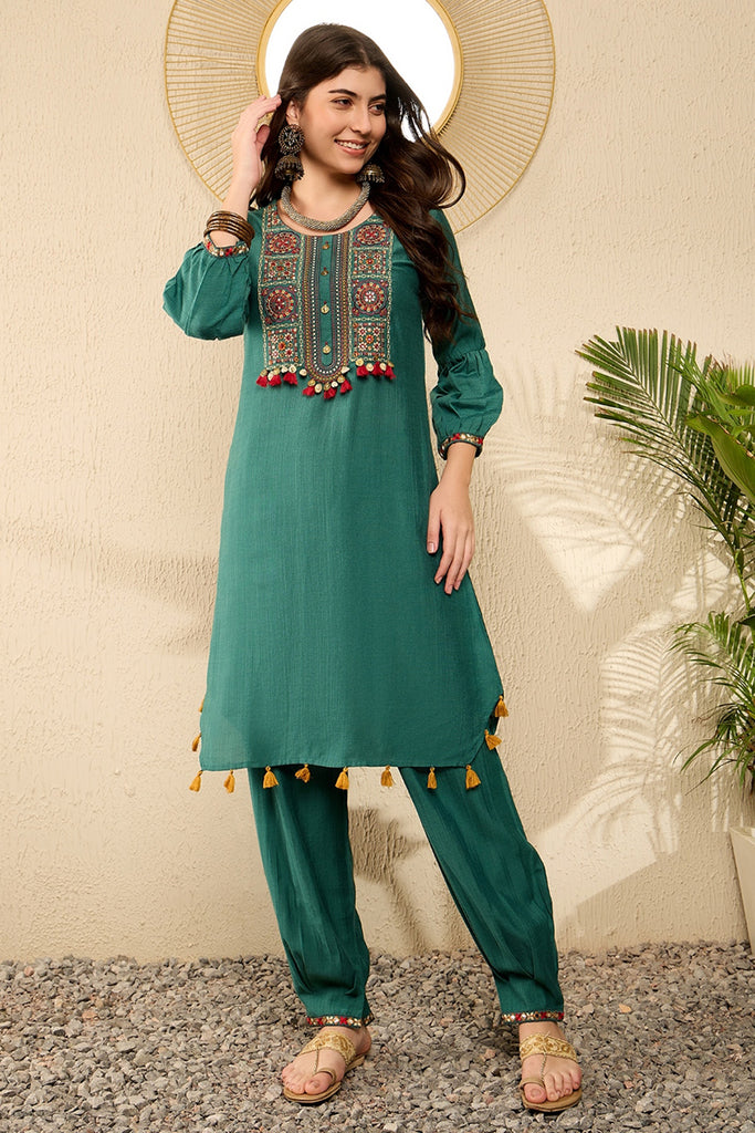 Teal Green Embroidered Viscose Rayon Straight Salwar Bottom Kurta Set VKSET1526