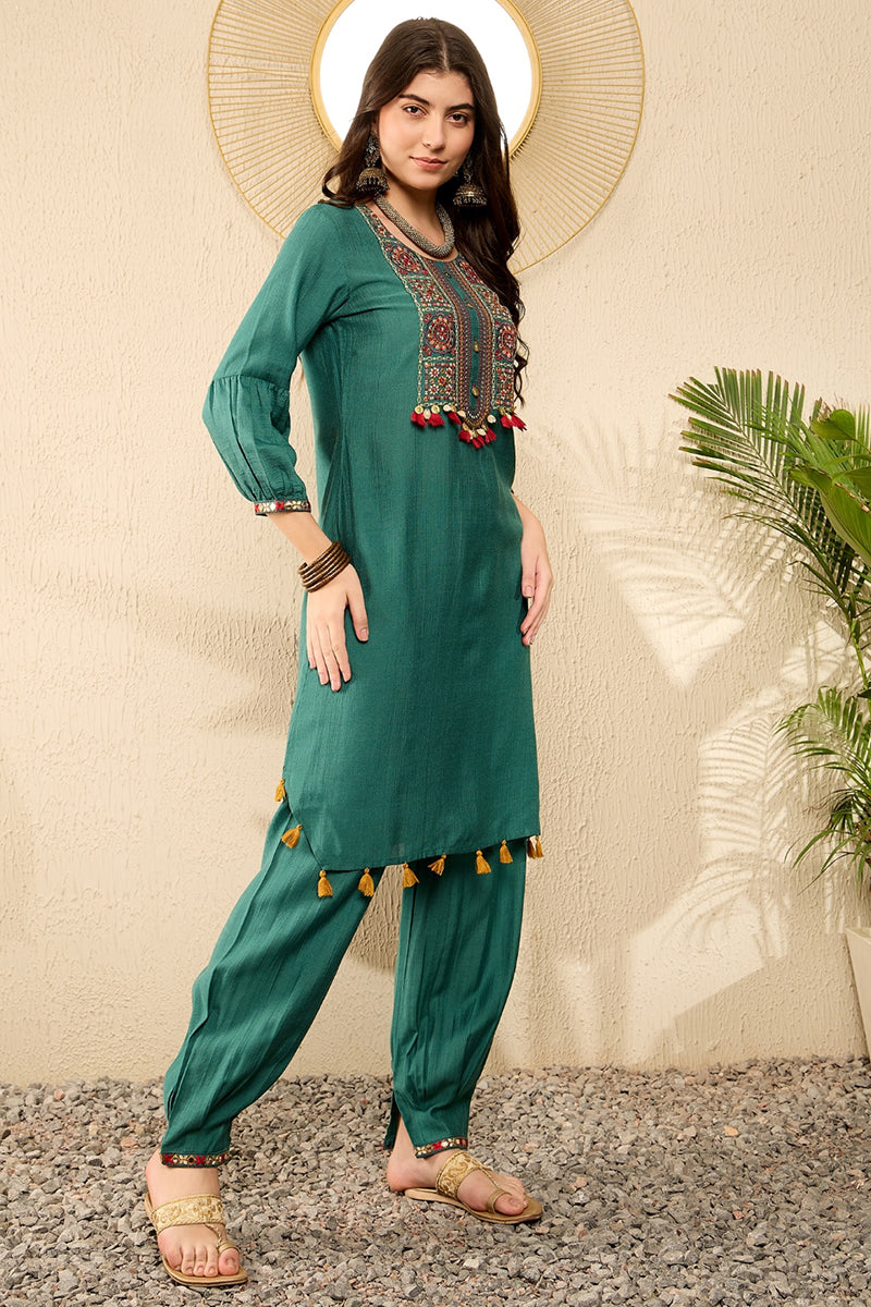 Teal Green Embroidered Viscose Rayon Straight Salwar Bottom Kurta Set VKSET1526