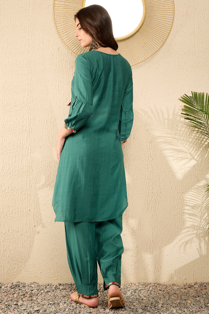 Teal Green Embroidered Viscose Rayon Straight Salwar Bottom Kurta Set VKSET1526