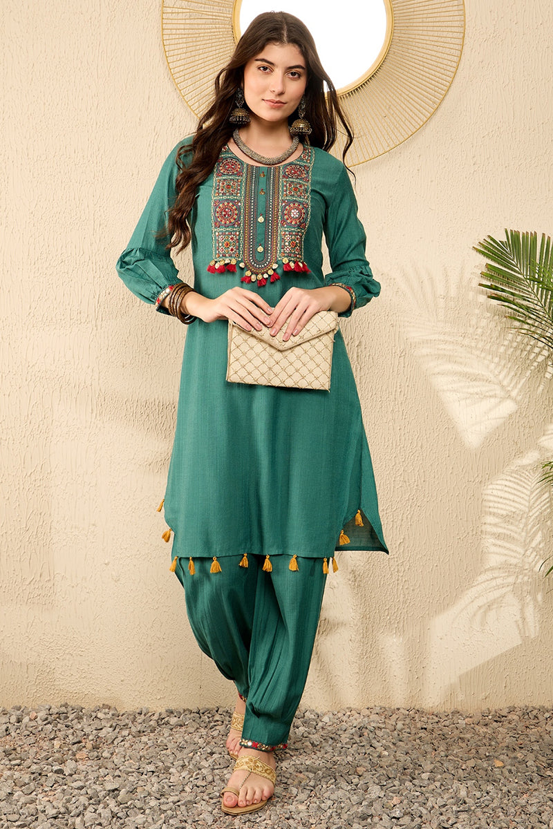 Teal Green Embroidered Viscose Rayon Straight Salwar Bottom Kurta Set VKSET1526