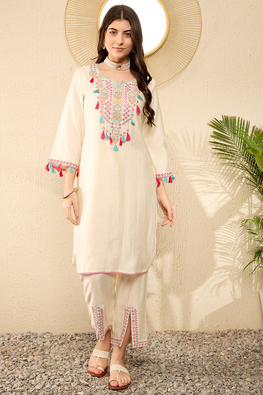 Off White Embroidered Viscose Rayon Straight Trouser Bottom Kurta Set VKSET1527