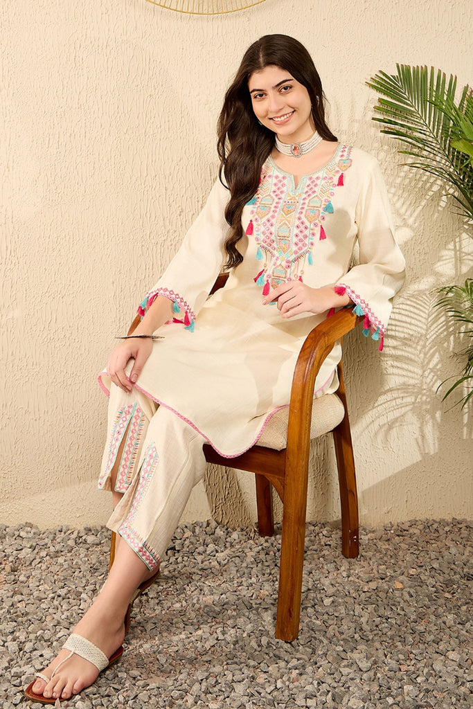 Off White Embroidered Viscose Rayon Straight Trouser Bottom Kurta Set VKSET1527