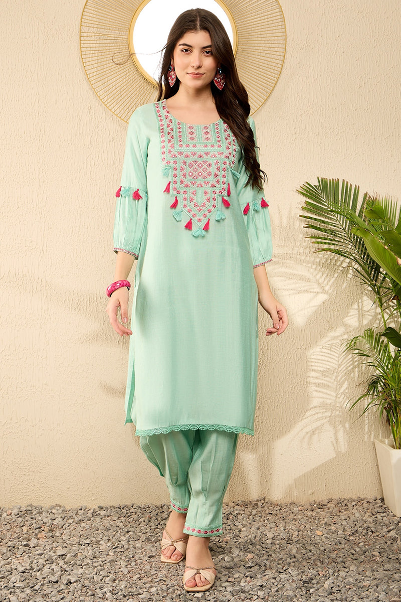 Sea Green Viscose Rayon Solid Embroidered Straight Salwar Kurta Set VKSET1528