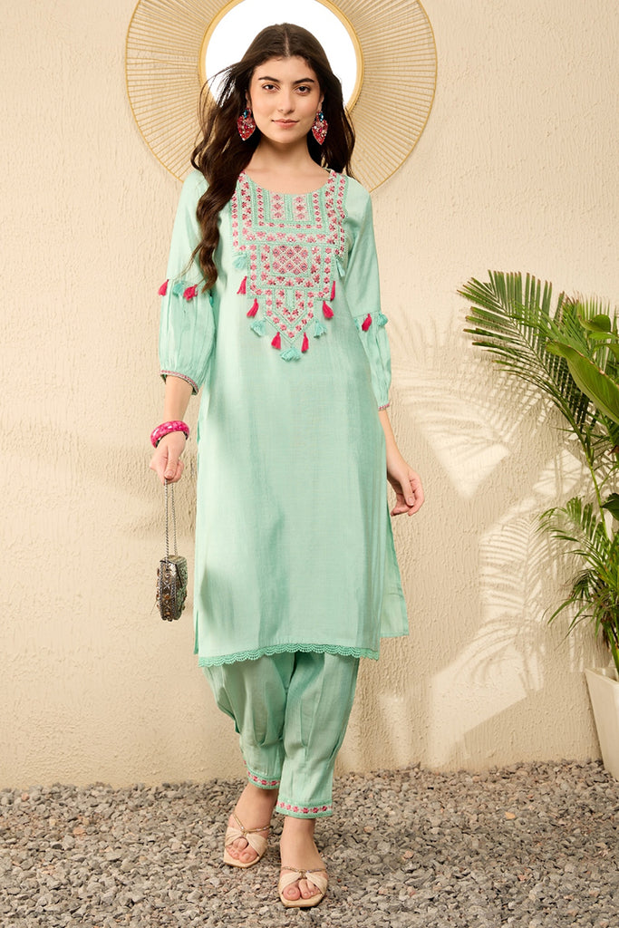 Sea Green Viscose Rayon Solid Embroidered Straight Salwar Kurta Set VKSET1528