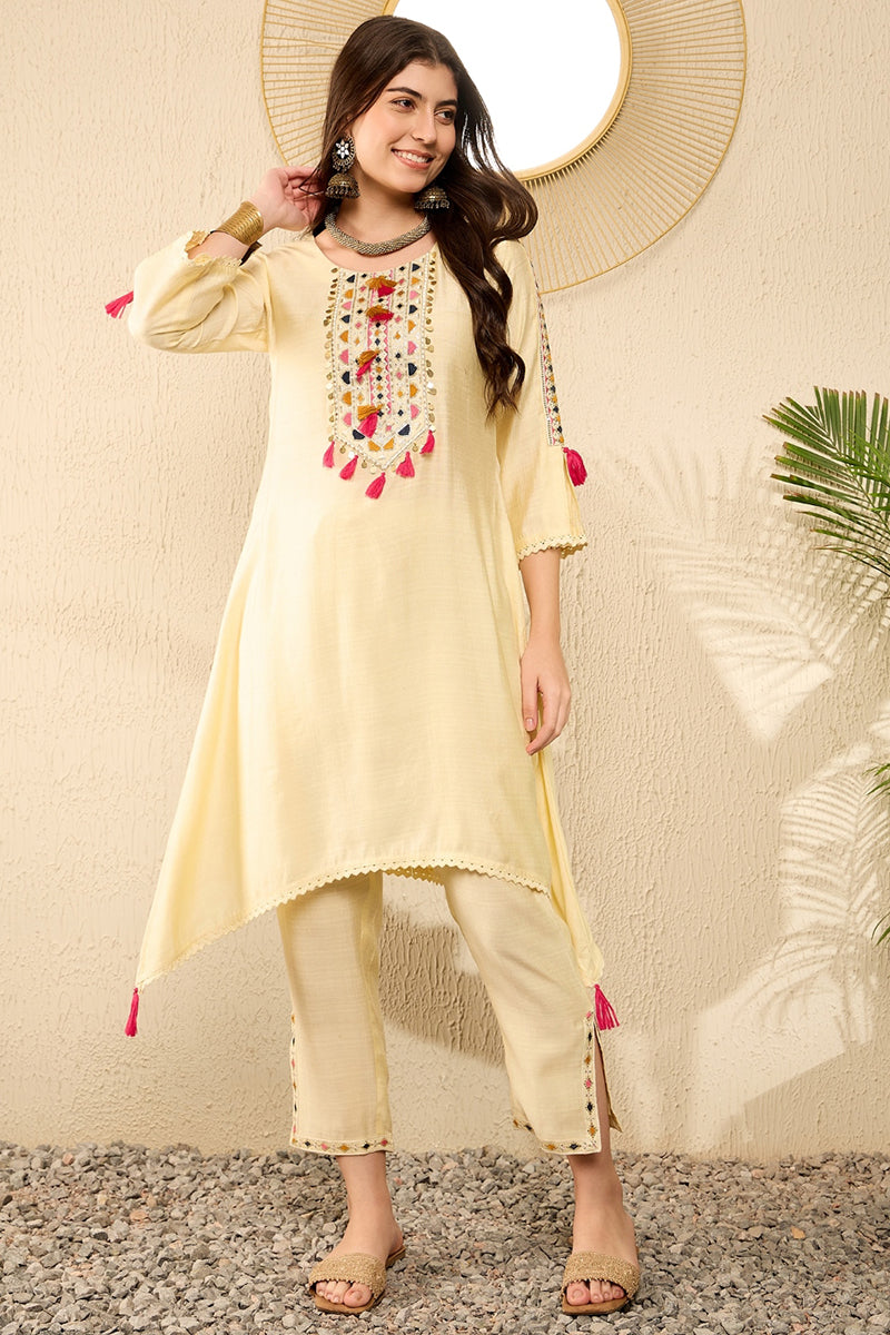 Light Yellow Embroidered Viscose Rayon Straight Trouser Bottom Kurta Set VKSET1529