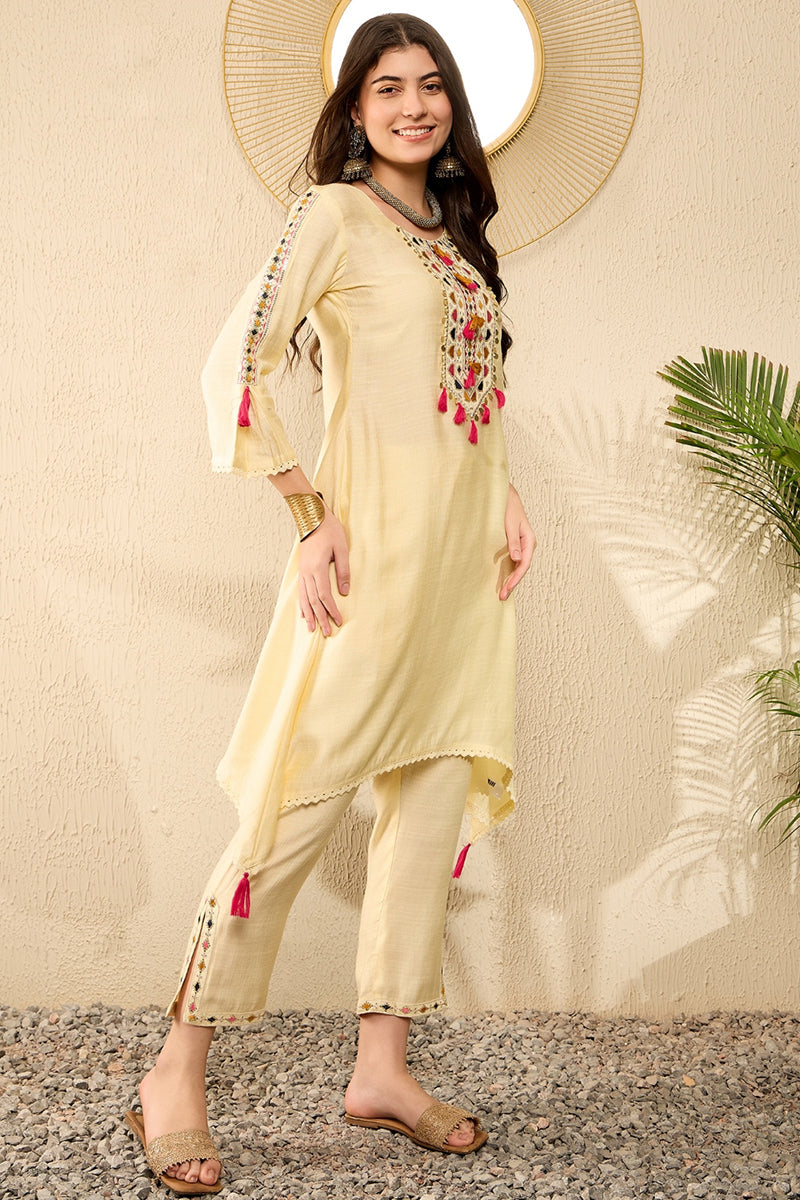 Light Yellow Embroidered Viscose Rayon Straight Trouser Bottom Kurta Set VKSET1529