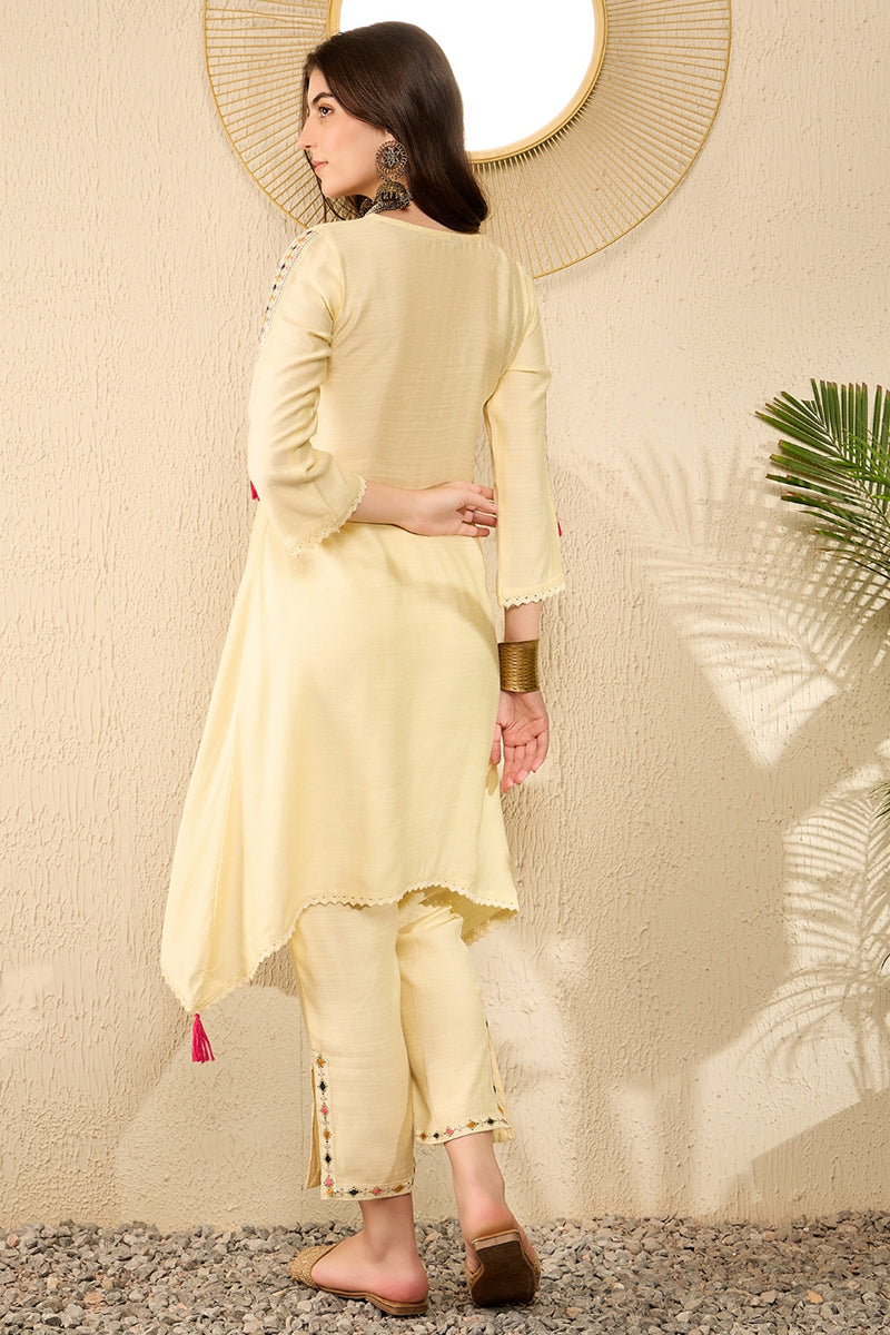 Light Yellow Embroidered Viscose Rayon Straight Trouser Bottom Kurta Set VKSET1529