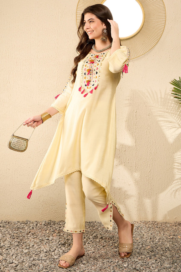 Light Yellow Embroidered Viscose Rayon Straight Trouser Bottom Kurta Set VKSET1529