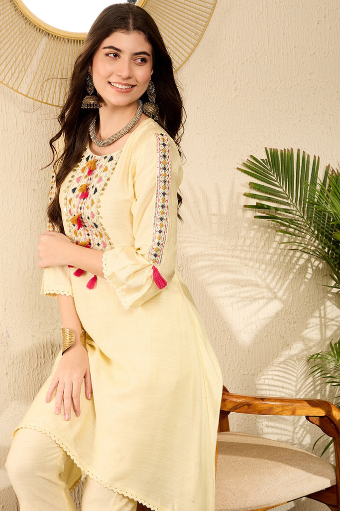 Light Yellow Embroidered Viscose Rayon Straight Trouser Bottom Kurta Set VKSET1529