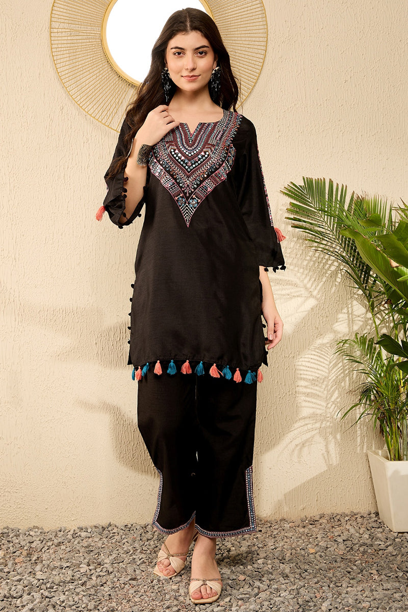 Black Embroidered Viscose Rayon Straight Trouser Bottom Kurta Set VKSET1530