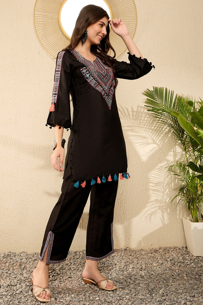 Black Embroidered Viscose Rayon Straight Trouser Bottom Kurta Set VKSET1530