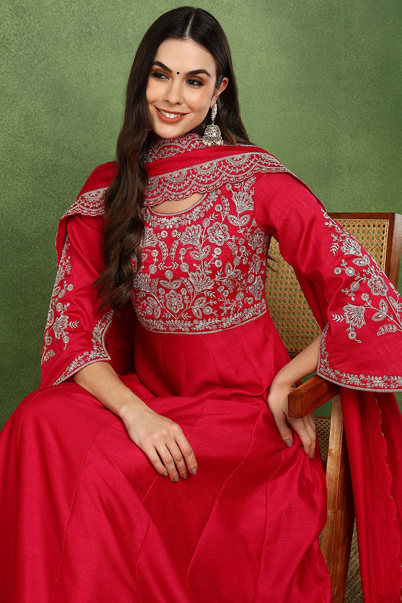Red Silk Blend Solid Embroidered Anarkali Kurta Set VKSET1535