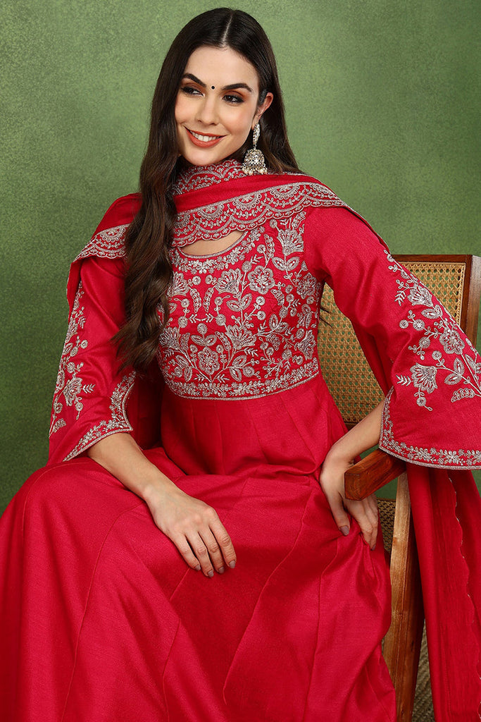Red Silk Blend Solid Embroidered Anarkali Kurta Set VKSET1535