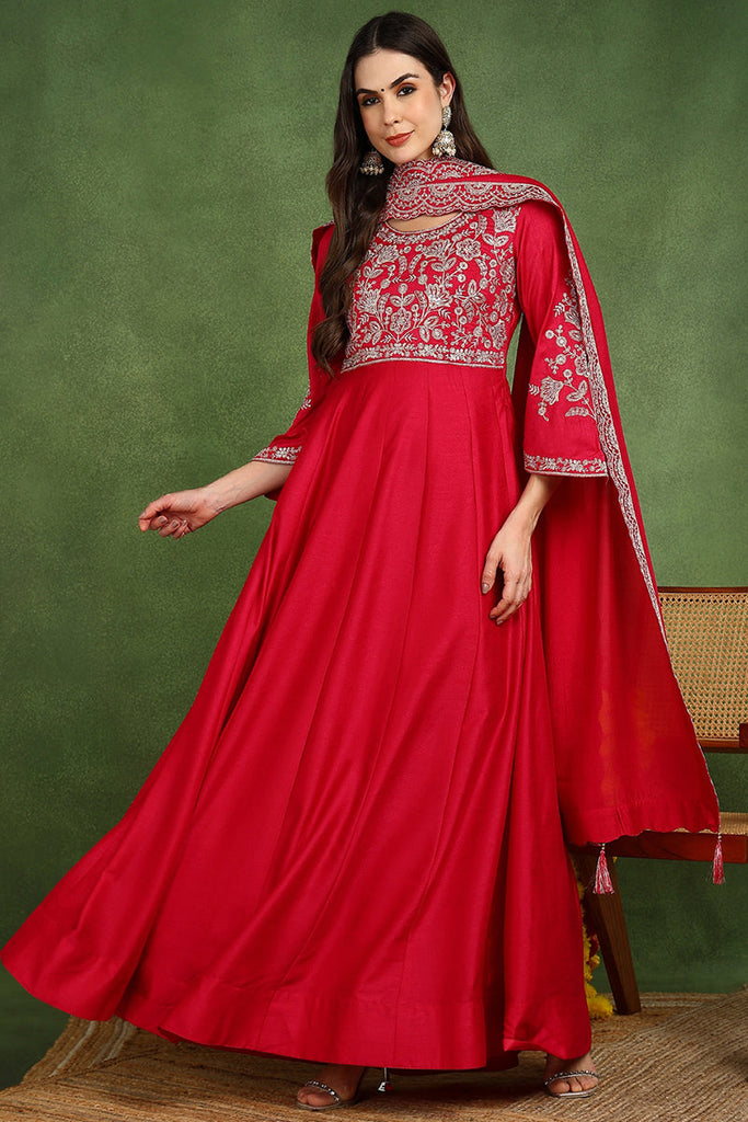 Red Silk Blend Solid Embroidered Anarkali Kurta Set VKSET1535