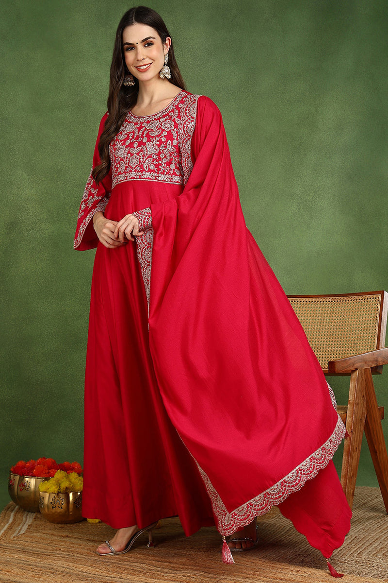 Red Silk Blend Solid Embroidered Anarkali Kurta Set VKSET1535