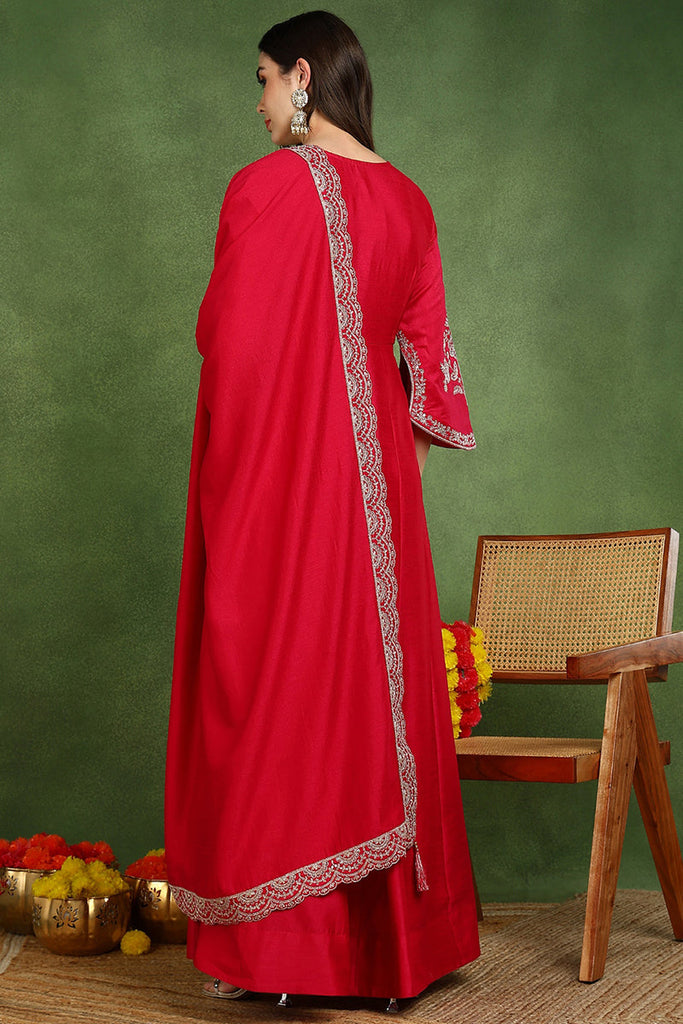Red Silk Blend Solid Embroidered Anarkali Kurta Set VKSET1535
